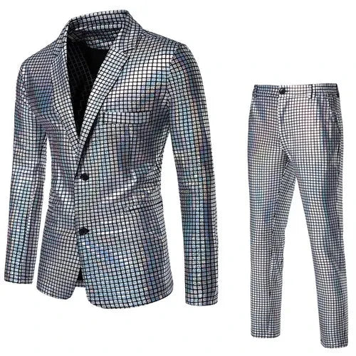 2026 Rainbow Color Men's Striped Suit Two-Piece, Fashion Suit Jacket and Pants, Green Silver Sets (Light Thin Stretch Fabrics)