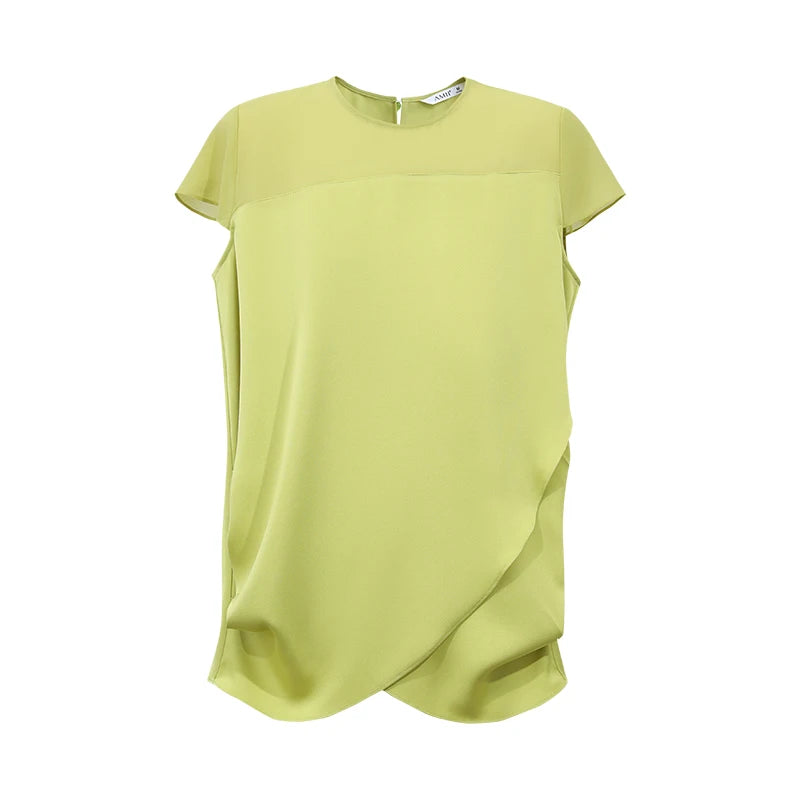 Amii Women's Blouse 2026 Summer New Round Neck Asymmetric Panel Patchwork Shirt Shirred Cap Sleeve Casual Chiffon Top 12642190