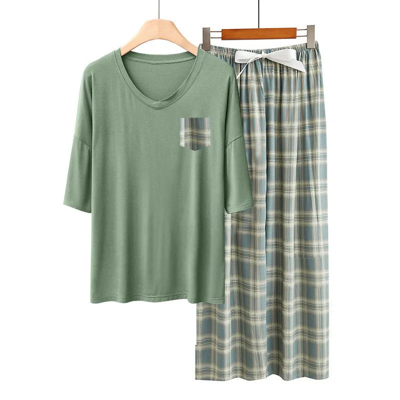 Modal Comfortable Women's Sleepwear Loose Short Sleeve Trousers Sets Printed Home Suit For Women Loungewear Pajamas Clothes