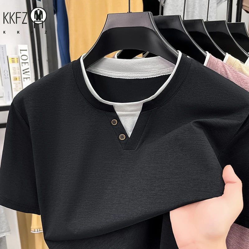 Mens Fake Two Piece Short Sleeve T Shirt Henley Neck Tops Casual Button Detail Tees For Men Daily Street Style Outfits