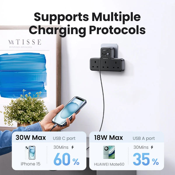 ឆ្នាំងសាក UGREEN 30W UK Plug Desktop Charger Power Strip Extension Adapter សម្រាប់ iPhone 17 16 Pro Max Xiaomi Wall Charger Fast AD DC