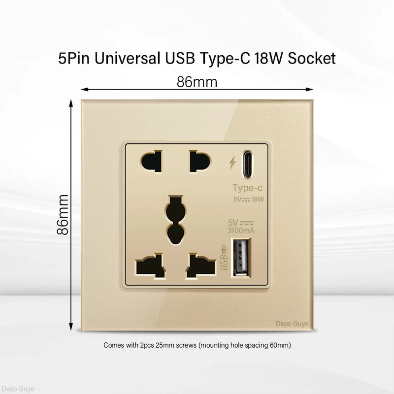 Gold UK 13A Tempered Glass Dual Socket,Universal Power Outlet With USB Type C 18W Quick Charge,Home Light Electric Switch Panel