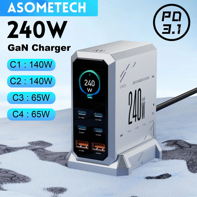ឆ្នាំងសាក GaN 240W 6-IN-1 140W PD3.1 PPS USB Type C អេក្រង់ឌីជីថល ស្ថានីយសាកថ្មលឿន សម្រាប់ iPhone 17 16 MacBook កុំព្យូទ័រយួរដៃ Samsung