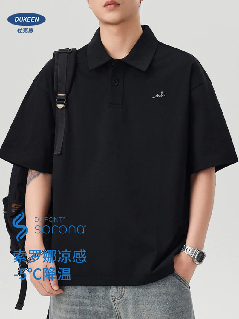 DUKEEN Men Quick Dry Polo Shirt Summer Cooling Sorona Lightweight Loose Embroidery Casual Turn Down Collar T Shirt