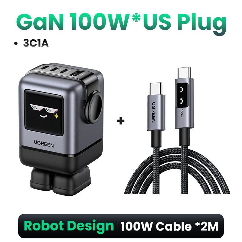 UGREEN Uno 100W GaN Charger Robot Design QC4.0 3.0 PPS PD 3.0 Fast Charger for iPhone 18 17 16 Pro Macbook Air Laptops Tablets