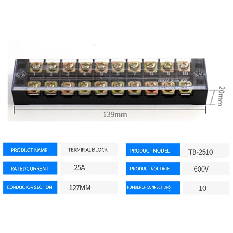 15A/25A/45A 3/4/6/8/10/12 Dual Row Barrier Screw Terminal Block Strip Wire Connector 600V Positions Optional
