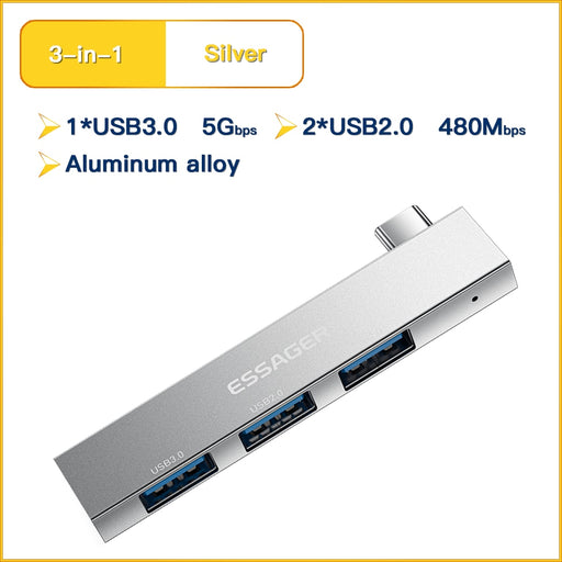 Essager USB C HUB 3.0 Type C 2.0 USB 4 Ports Multi Splitter Adapter OTG For Xiaomi Lenovo Macbook Pro 13 15 Air Pro PC Computer China Type-C 3 in 1 Sliver