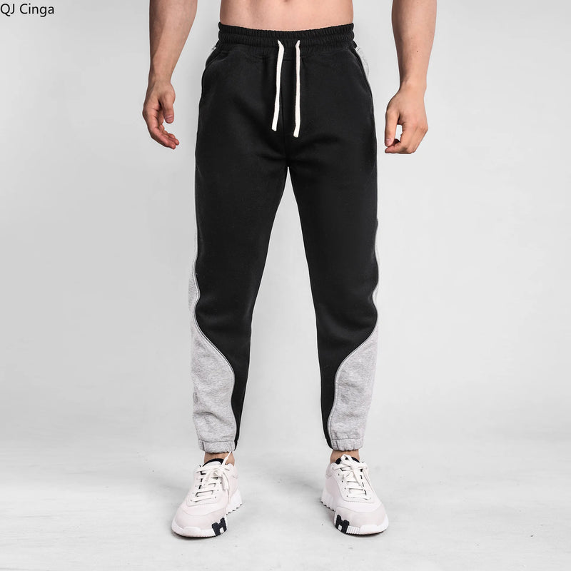 2026 New Winter Men Cuffed Sports Pants, Fashionable Loose-fitting Sweatpants, Black and Gray Color-blocked Casual Trousers