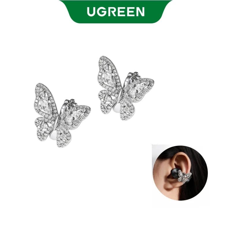 UGREEN Jewelry-Inspired Full Diamond Butterfly Clip On Earbuds, Open Ear Wireless Bluetooth Ear Cuff Headphones for Women, Bling