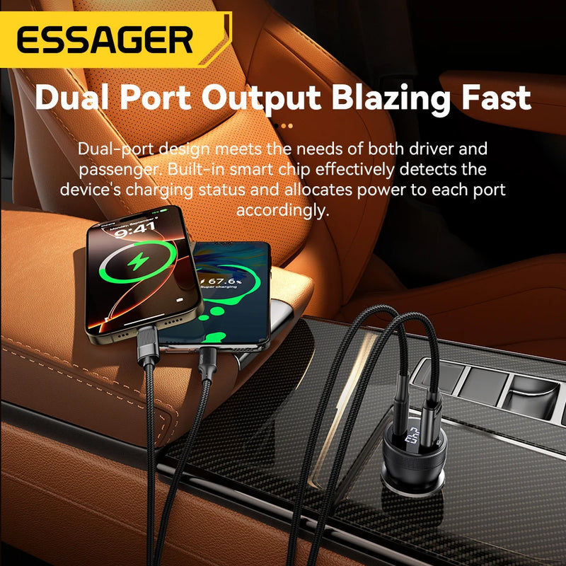 ឆ្នាំងសាករថយន្ត Essager 100W USB C PD3.0 សាកថ្មលឿន Quick Charge 4.0 Adapter សម្រាប់ iPhone 16 MacBook Xiaomi Laptop អេក្រង់ឌីជីថល
