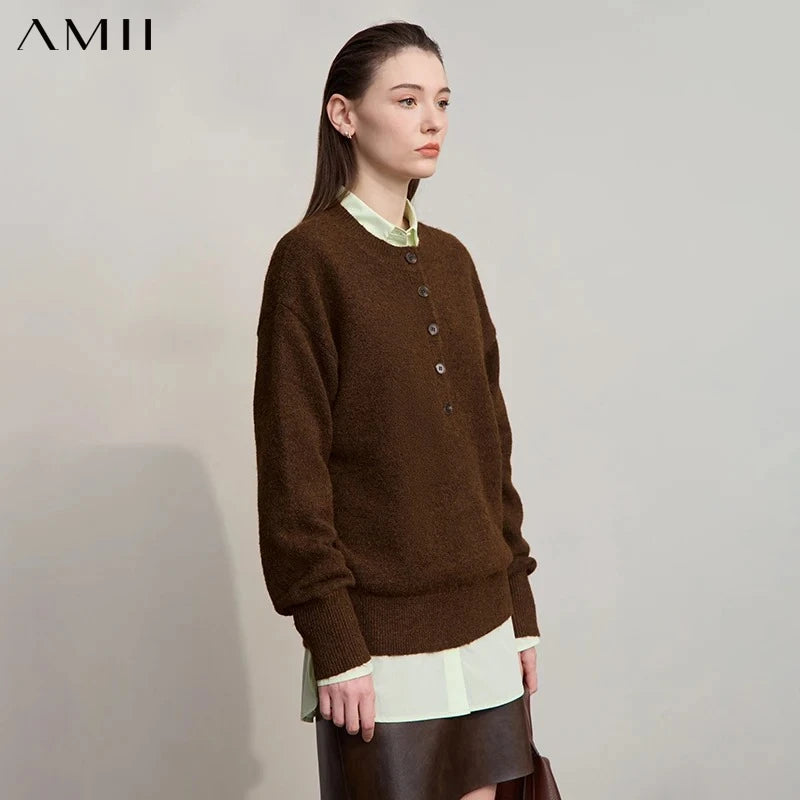 AMII Women's Sweater 2026 Autumn Commuter Solid Color Women's Clothing O-neck Pullover Loose Long Sleeve Tops Ladies 12543201