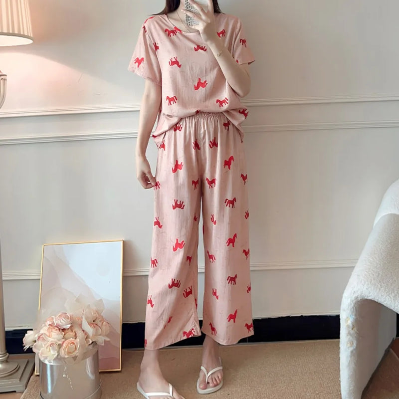 Comfort for Homewear Floral Pajamas 2 Pieces Set for Woman Casual Summer New Short Sleeve Sleepwear Women's Loungewear Suit