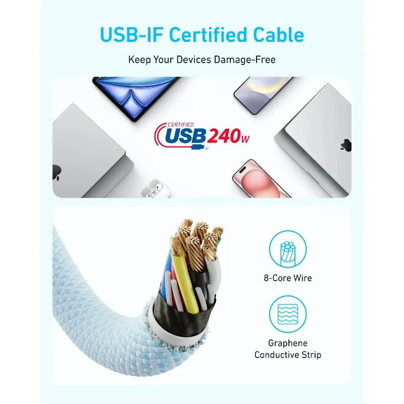 ខ្សែសាក ANKER Zolo 240W គ្មានធូលី USB-C ធន់នឹងធូលី ស័ក្តិសមសម្រាប់ Apple iPhone Series MacBook Huawei Android