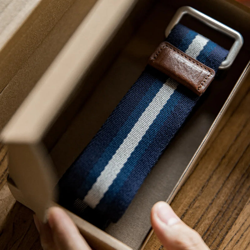 Maden Retro Double-ring Buckle Striped Belt without Punching Woven Canvas Accessories Trouser Belt for Men