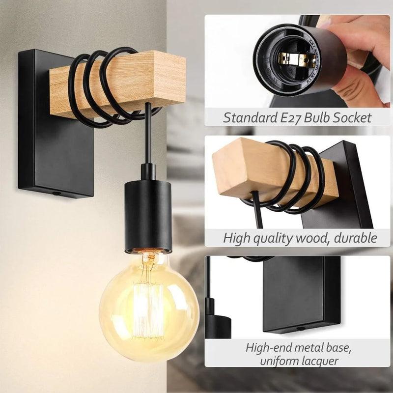JOYINLED Vintage Wooden Wall Lamp 1/2PCS Rustic E27 Wall Sconce Indoor Lighting Fixture for Living Room Bedroom Stair Hallway
