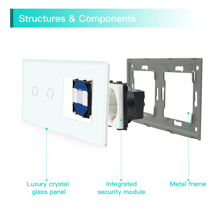 BSEED Touch Light Switch Wall EU Socket 1/2/3Gang 1Way Touch Switch Power Outlet Max.Load 300W/Gang Glass Panel Wall Switch