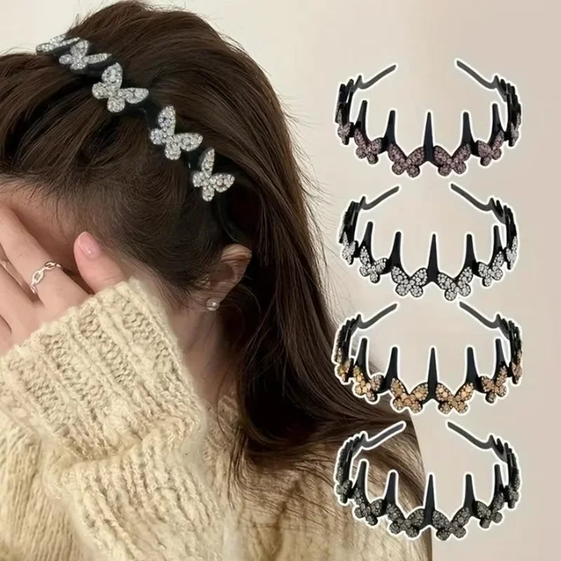 Rhinestone Butterfly Wavy Headband Fashion Sparkling Korean Style Anti-slip Toothed Headband Face Washing Hair Accessories Women