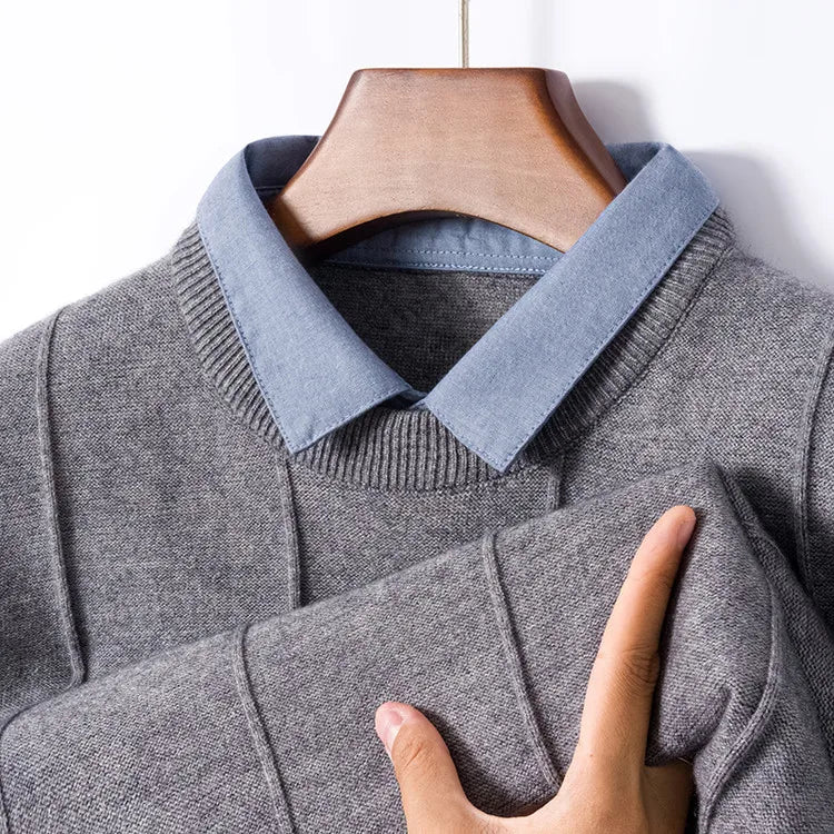 Men's Business Casual Polo Shirt with Faux Shirt Collar and Pineapple Jacquard Knit  Gold Medal Quality Pullover