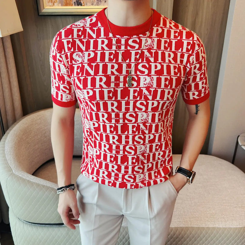 Men's Slim Fit Short Sleeve T-Shirt Casual Round Neck Letter Print Knitted Top