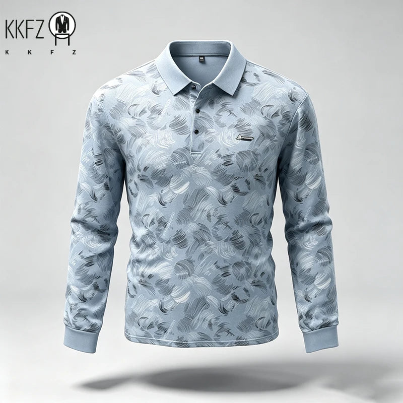 Mens Turn Collar Polo Long Sleeve Tops Premium Printed Material Button Closure Small Logo Decoration Male Clothing