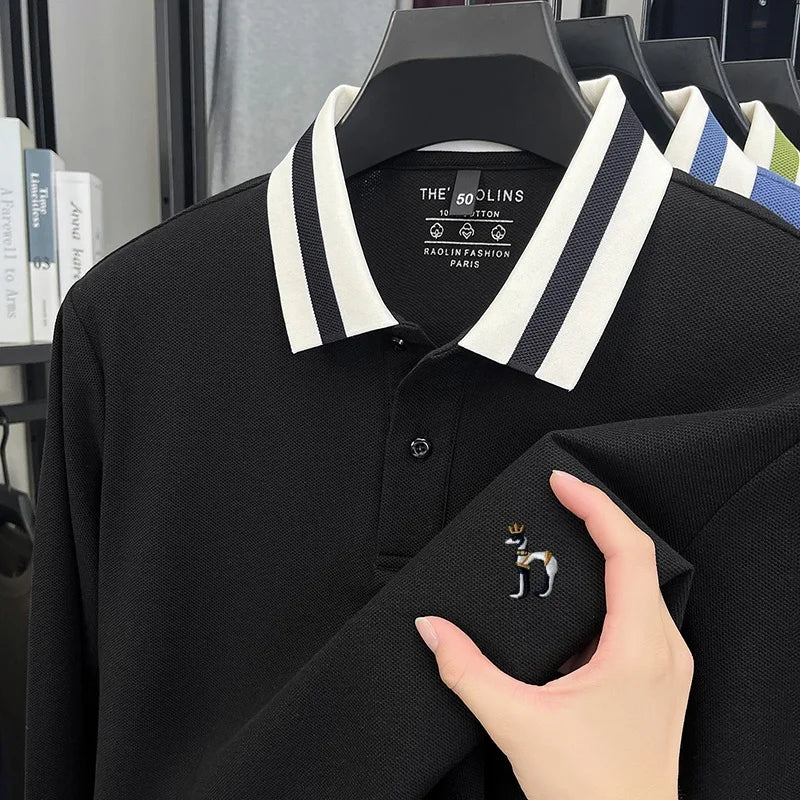 100%cotton Luxury Man Long-Sleeved Polo Shirt Button Lapel Dog Embroidery British Style Spring New Long Sleeves Leisure MensWear
