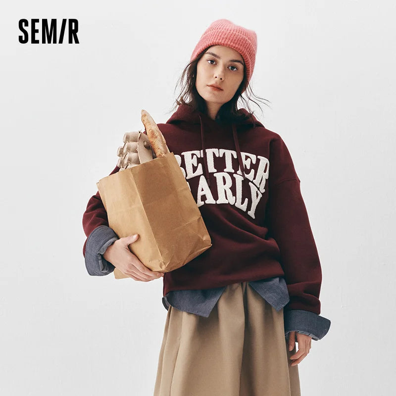 Semir Women Hoodie Fleece Lined Letter Graphic Hooded Design Street Style 2026 Winter Warm Layer Everyday Wear Soft Comfort