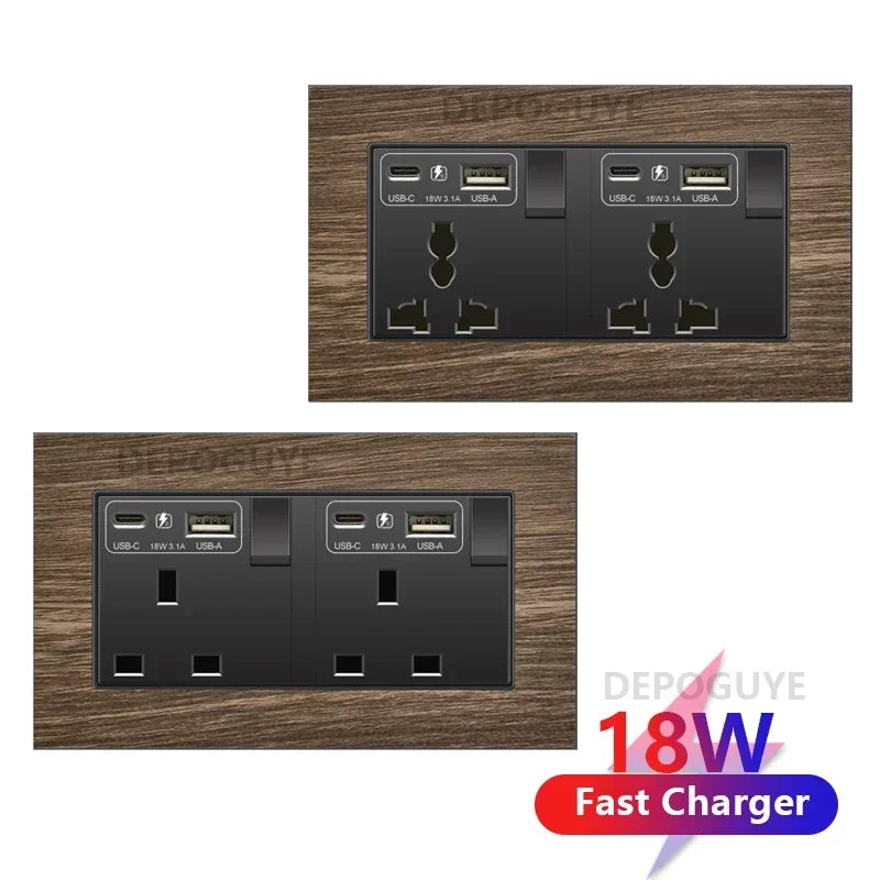 UK 18W Type-C Quick charge Dual Power Outlet,Universal Retro Wood Grain Electrical USB Socket,220V Electrical  Wall Light Switch
