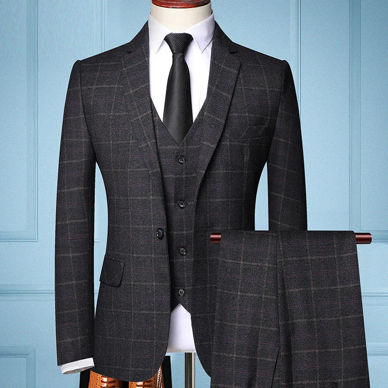 2026 New Men's Blue Three-Piece Suit Set: Black-and-Gray Checkered Jacket with Vest and Trousers, Slim-Fit Suit in Asian Sizes.
