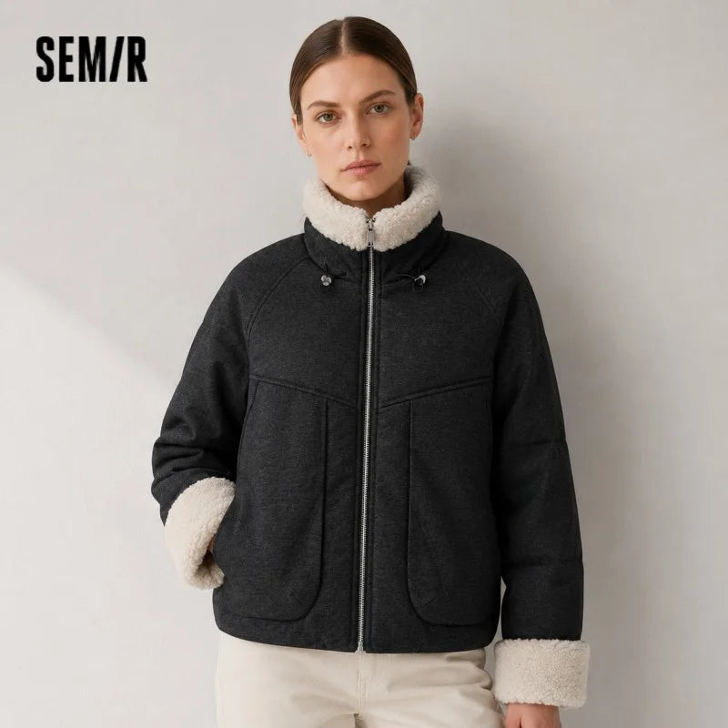 Semir Down Jacket Women Winter Faux Denim Patchwork Fleece 80% Down Fill Raglan Sleeve 2025 New Fashion Retro Outerwear