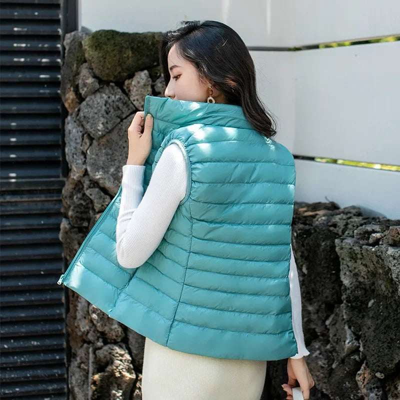 Red Collar Women's Light/thin Sleeveless Vest Jacket, Fashion Short Female Vests, Blue Khaki Green Black Waistcoat, Asian Size