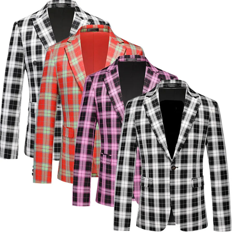 Men's Black White Plaid Long Sleeve Blazers, Fashion Slim Fit Suit Jacket, Wedding Party Tops Coat, Asian Size M6XL
