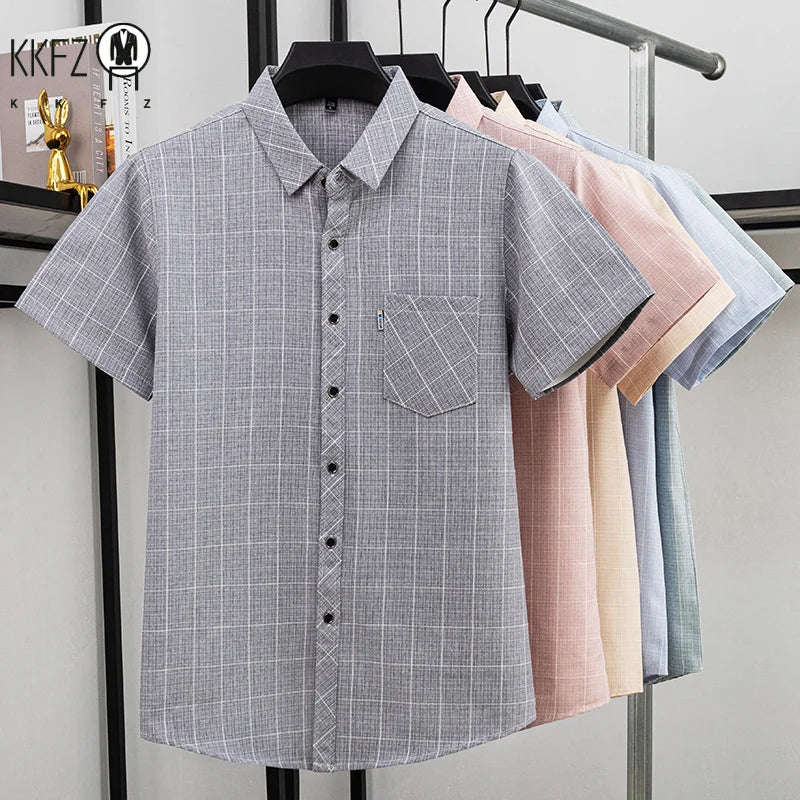 Mens Casual Plaid Short Sleeve Shirt Breathable Light Fabric Turn Down Collar Tops For Spring Summer Daily Wear