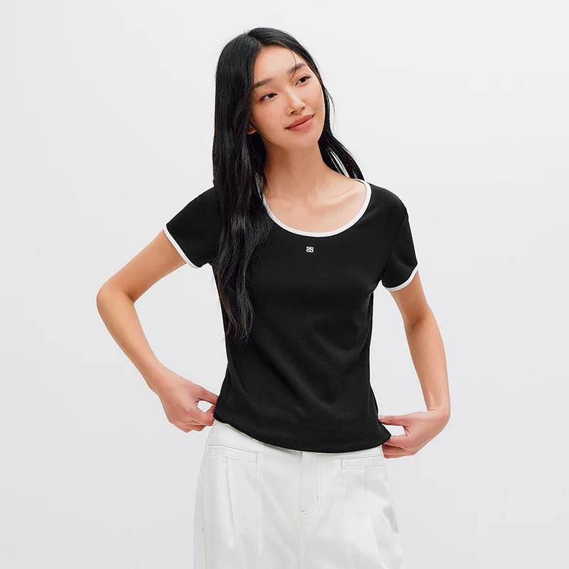 Semir Women Tshirt Cool Feeling Contrast U Neck Straight Shoulder Slim Embroidery Summer 2026 Casual Fashion Top