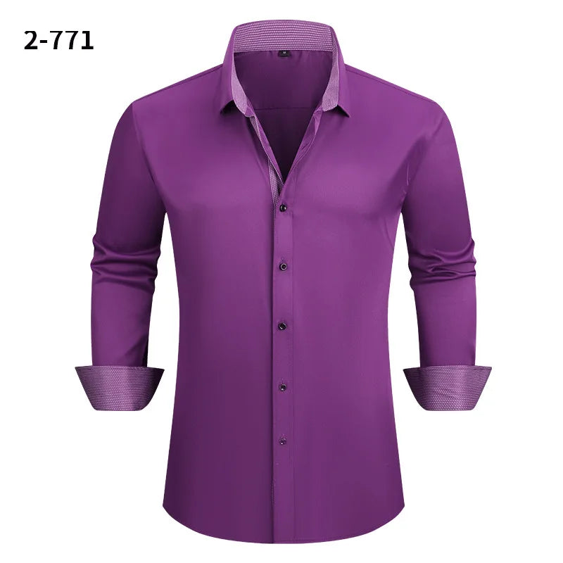 Men's Black Long-sleeve Stretch Shirt, Red Patchwork-trimmed Shirts, Commuter-style Single-Breasted Lapel Tops.
