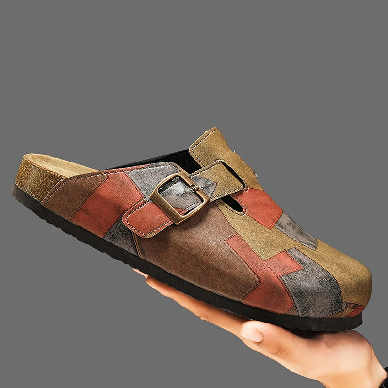 Unisex Cork Closed Toe Slippers Slip-on Clogs Slides Fashion Leather Sandals with Adjustable Buckle Backless Comfort Footbed