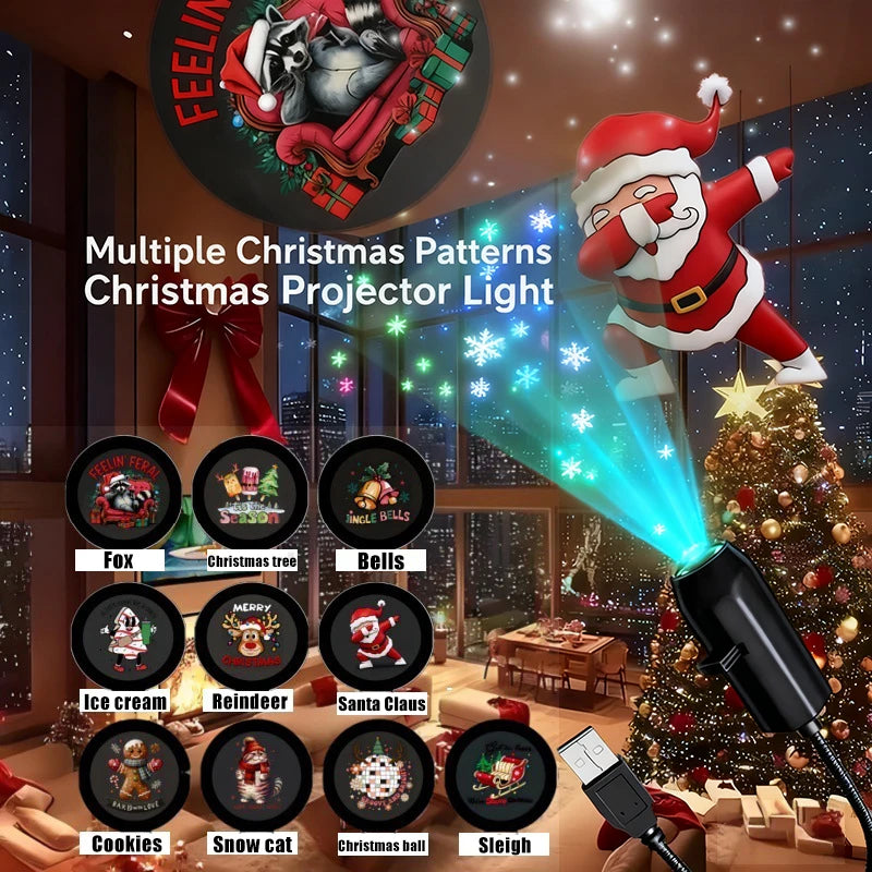 USB-Powered LED Night Light with 10 Patterns Christmas Tree Santa Claus 360°Rotation Adjustment for Bedroom Festive Party Decor