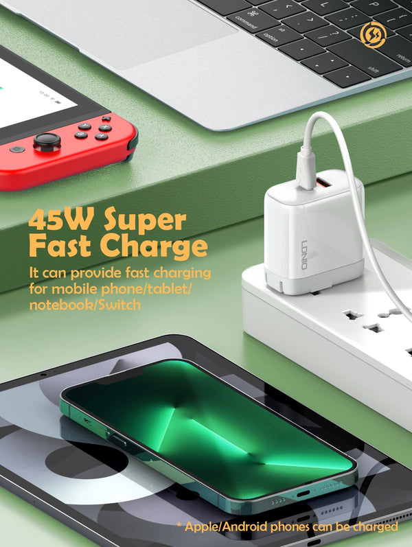 ឆ្នាំងសាក LDNIO USB C 45W សាកថ្មលឿន 2 រន្ធ ប្រភេទ C ឆ្នាំងសាកជញ្ជាំង PD QC4.0 Power Adapter សាកថ្មលឿនសម្រាប់ Samsung Xiaomi iPhone