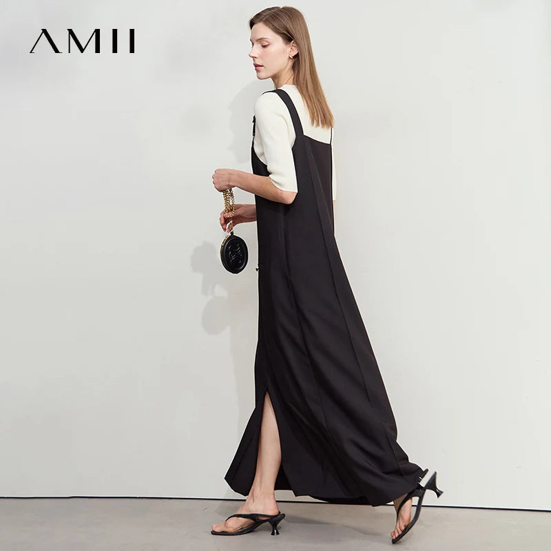 AMII Loose Solid Color Dress Two Wear Front Back Casual 2026 Summer Women Simple Retro Strap Office Lady Pocket A Line 12552090