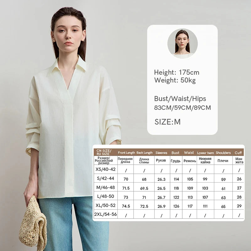 AMII Minimalist Women Loose Shirt 2026 Summer Commuter Light Luxury V-Neck Colla Cotton Top Three-Quarters Sleeve Tops 12512055
