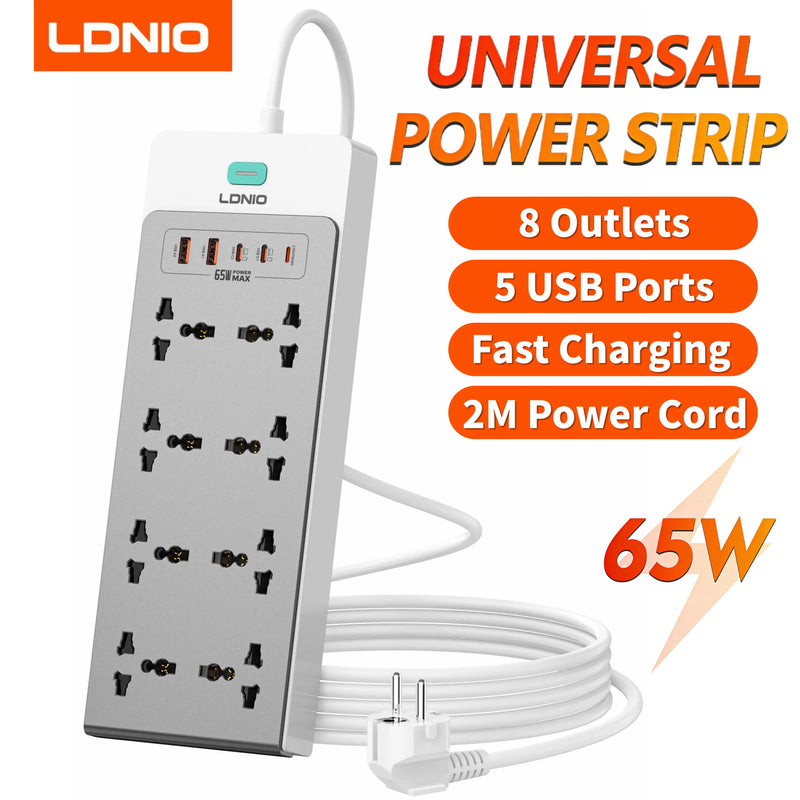 បន្ទះ ភ្លើង LDNIO 65W 13-in-1 ការពារ ការ ឡើង កម្ដៅ ខ្សែ បន្ថែម 2 ម៉ែត្រ រន្ធ ដោត ជា សកល EU KR UK US ដោត USB C ស្ថានីយ សាក ថ្ម លឿន