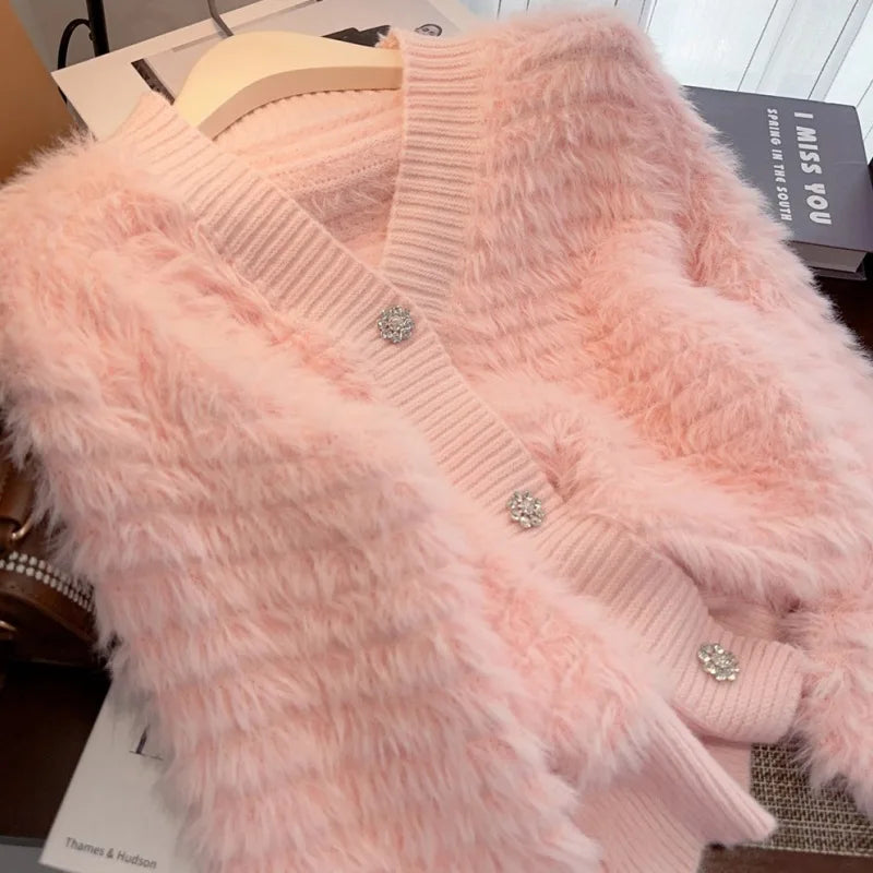 Mink Fleece Knitted Sweater Women's Clothing 2026 Autumn Winter Soft V-neck Cardigan Sweater Jacket Fashion Long-sleeved Top