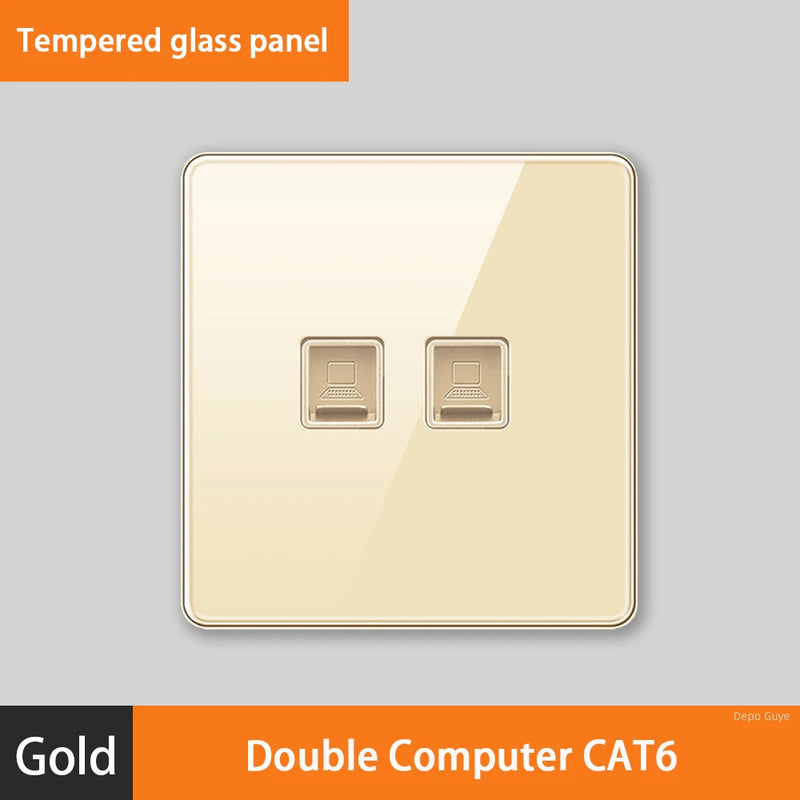 Luxury All Tempered Glass Wall Lamp Switch Button Golden UK Plug 13A Universal Wall Socket with Usb ,220V2gang2way Dimmer Switch