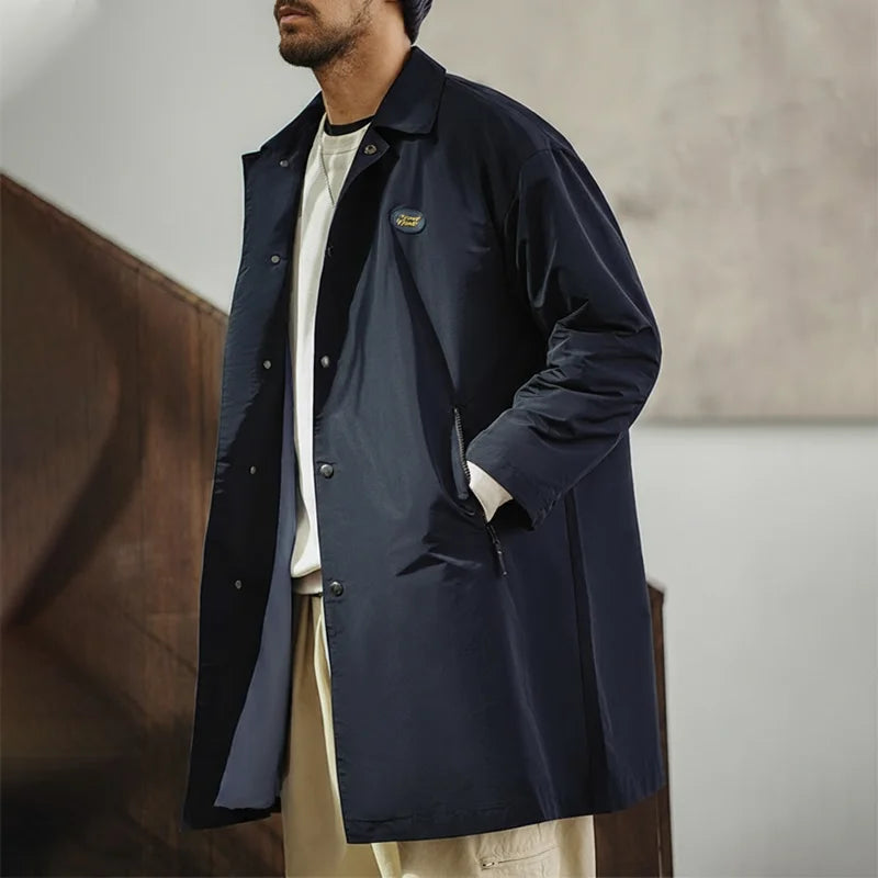 Maden Men's Vintage Balmacaan Waterproof Windbreaker Coat Single-Breasted Mid-Length Classic Collar Jacket for Spring and Autumn