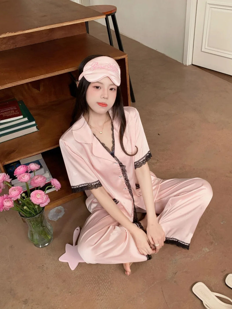 Summer Clothes Elegant Women's Pajamas 2 Piece Nighty Short Sleeve Sleepwear Nightwear for Woman Lapel Top Trousers Home Wear