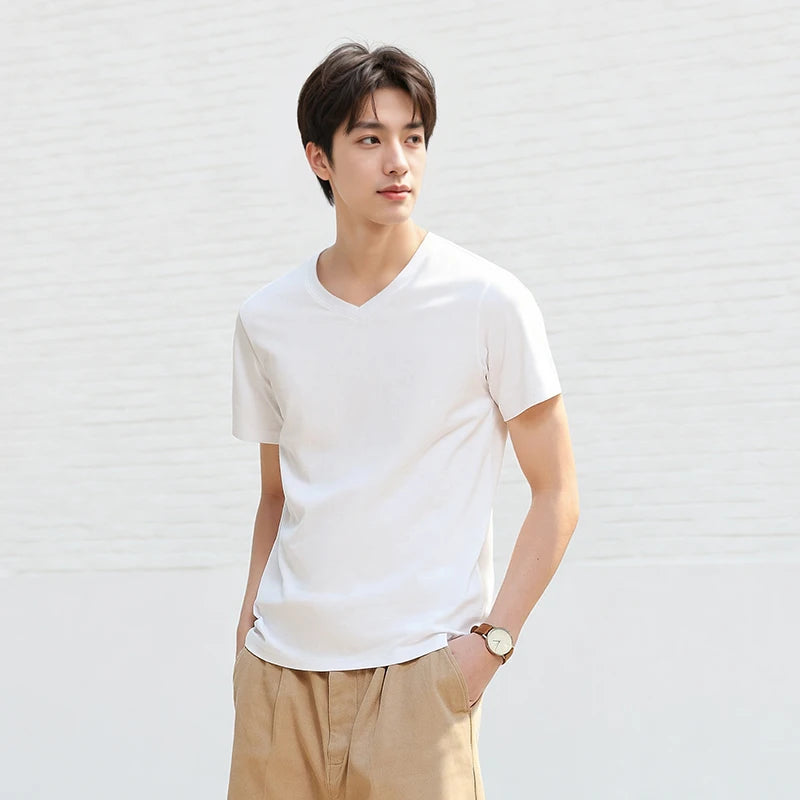 Semir Men T Shirts 2026 Summer New Basic Solid V Neck 3A Antibacterial Comfortable Casual Tops