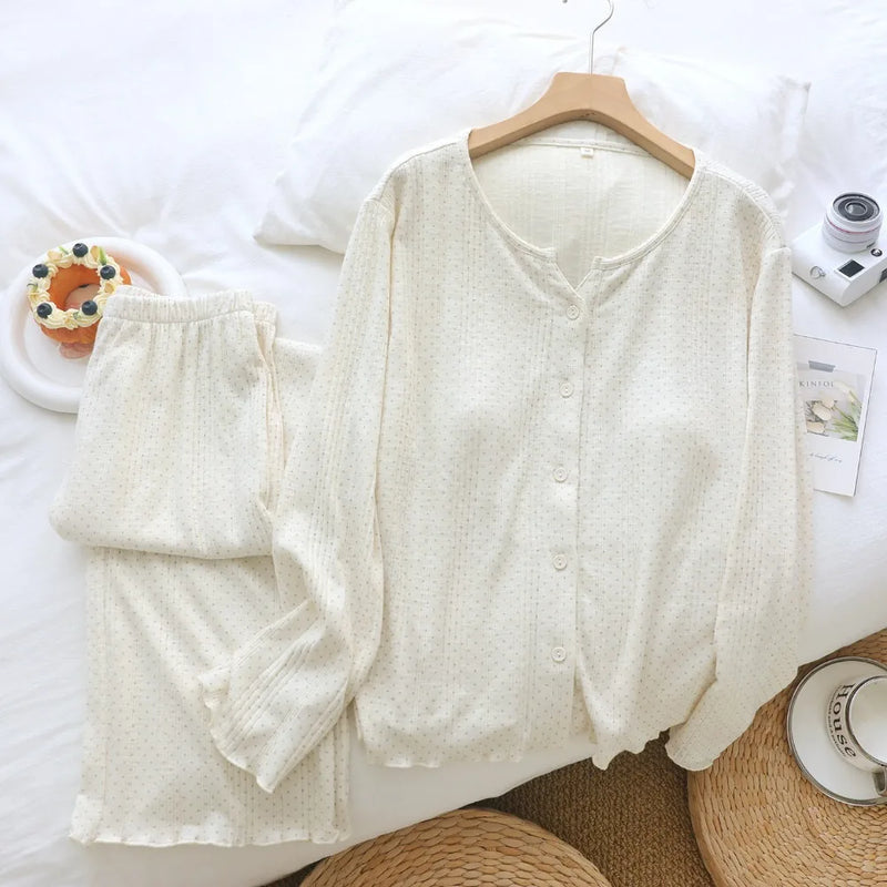 Knitted Cotton Sleepwear Lady Long-sleeved TrousersTwo-piece Spring Autumn Women's Home Wear Pyjama Set New Arrival Homewear