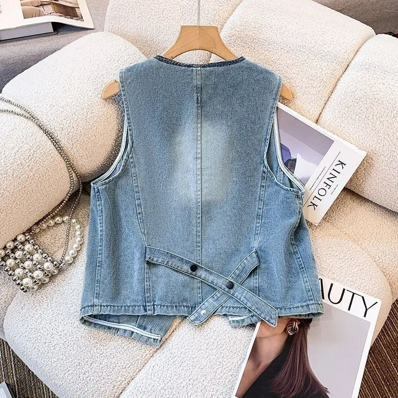 Denim Vest Spring and Autumn Fashion Retro Embroidered Vests Jackets Versatile Sleeveless Top Women Waistcoat Chalecos Mujer