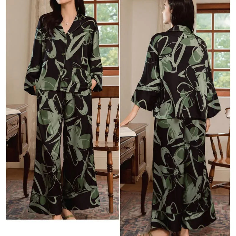 Women's Ice Silk Pajama Set Lightweight Long Sleeve Loungewear Fashionable Silk Design Luxurious Comfort for Homewear Pijama