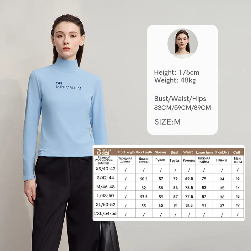 AMII Women's T-shirt 2026 Autumn New Casual Versatile Top Women Turtleneck Letter Embroidery Long Sleeves Ladies Tops 12524058