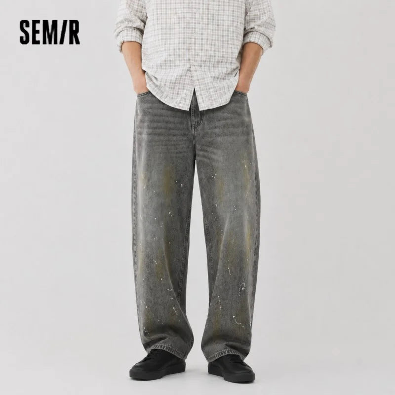 Semir Men Jeans 2026 Spring New Vintage Washed Distressed Wide Leg Arc Shape Splash Ink Retro Style Pants